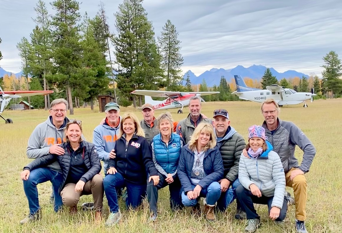 NW Montana. L-R: Nicolas Chabbert, Daher Aircraft CEO; Stephanie Chabbert; Pete Bunce, GAMA CEO/RAF Board Member; Patty Bunce, Former RAF VP of Appreciation; John McKenna, RAF Chairman; Tricia McKenna, RAF Administrative Director; Mike Perkins, RAF Treasurer/Board Member; Amanda Carelli; Paul Carelli, Director of Kodiak Aircraft Flight Operations; Kristen Brown; Joe Brown, Hartzell Propeller Chairman